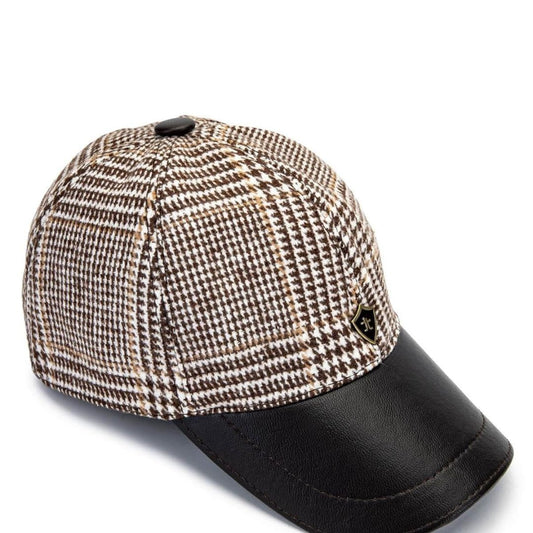 Madasat Beige Plaid Men's Leather & Textile Black Baseball Cap - 918 |