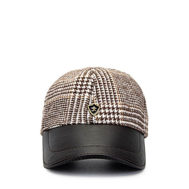 Madasat Beige Plaid Men's Leather & Textile Black Baseball Cap - 918 |