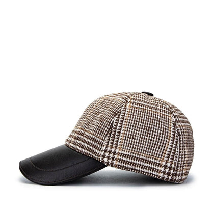 Madasat Beige Plaid Men's Leather & Textile Black Baseball Cap - 918 |