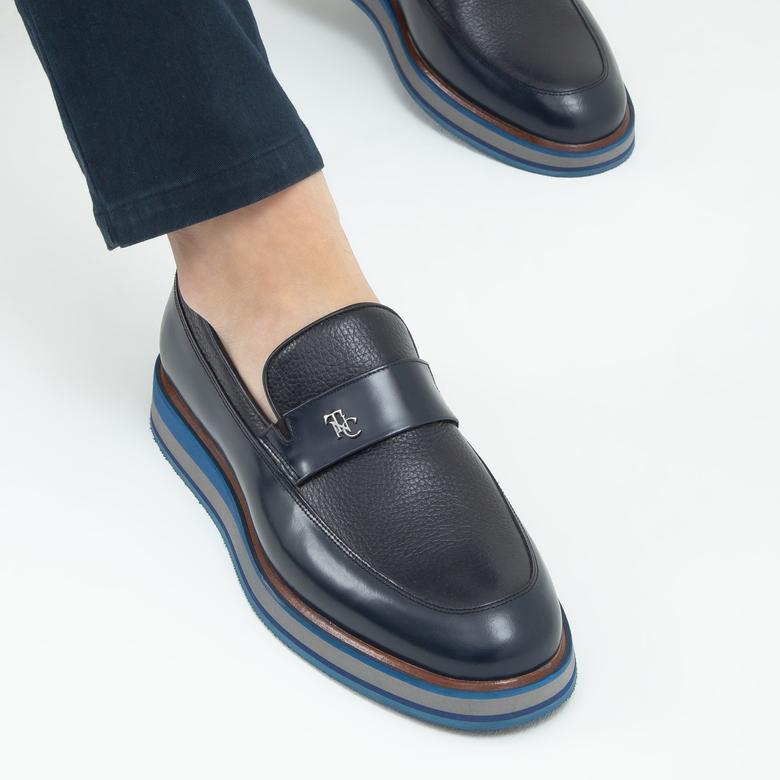 Madasat Navy Blue Leather Loafer - 605 |